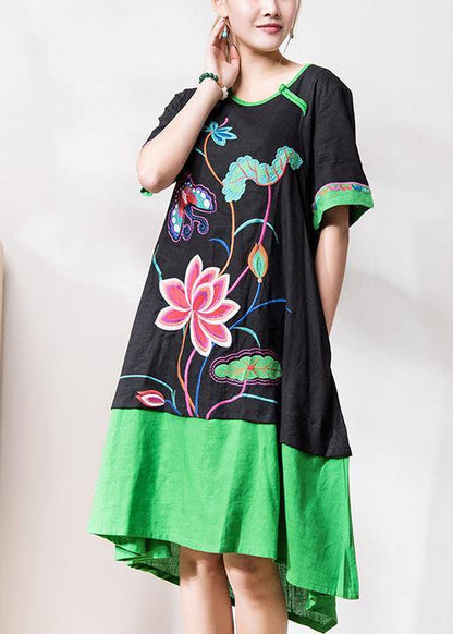 Black Embroidery Linen Dresses O Neck Patchwork Dresses Summer Dress