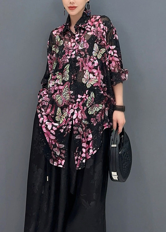 Black Base Butterfly Chiffon Shirt Tops Fall