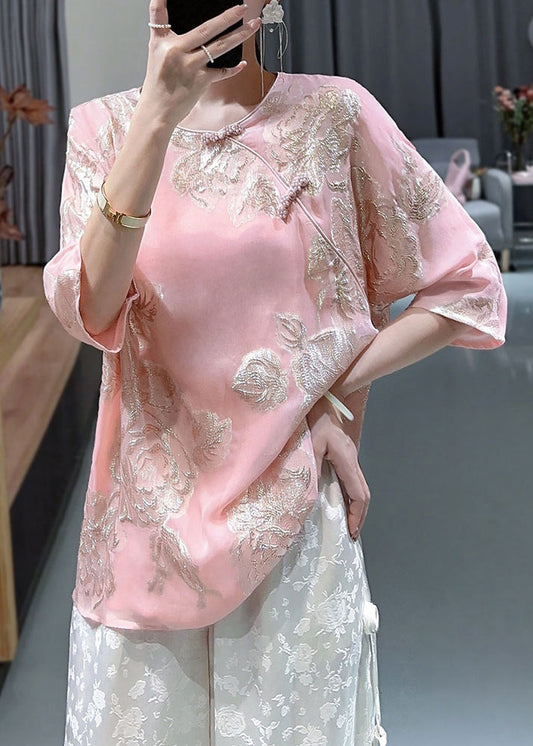 Pink O-neck Embroidered Button Silk Shirts Bracelet Sleeve