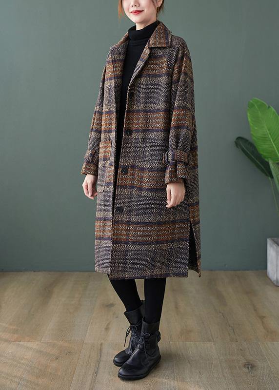 Plaid Fine Maxi Coat Shape Lapel Side Open Coats