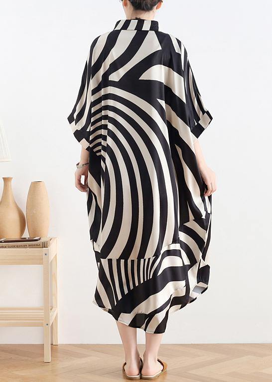 Modern Black Striped Chiffon Clothes for Fabrics Lapel Batwing Sleeve Long Summer Dresses