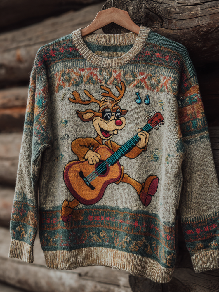 Comstylish Rock Elk Retro Printed Men's Round Neck Knit Sweater
