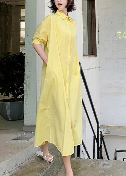 100% Yellow Lapel Collar Cotton Quilting Dresses Lapel Collar Loose Dress