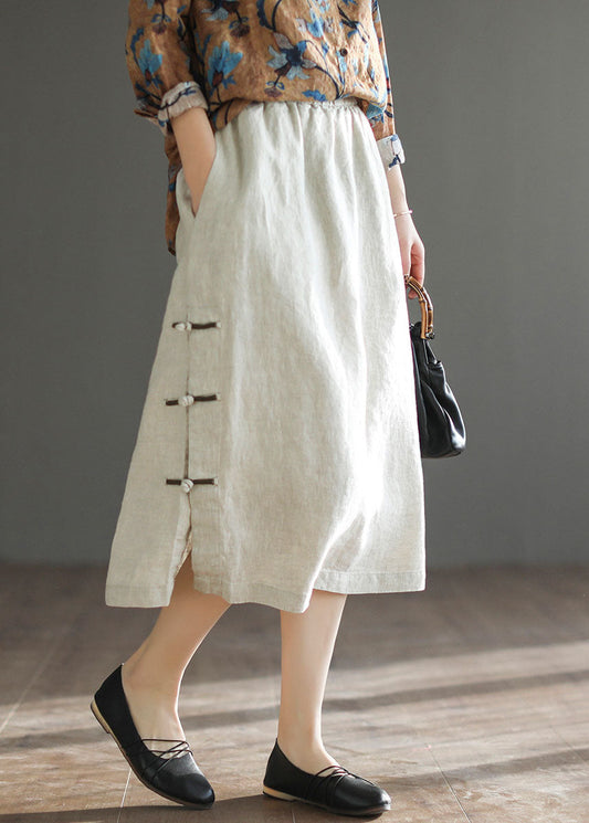 Beige Chinese Button Patchwork Linen Skirts Spring