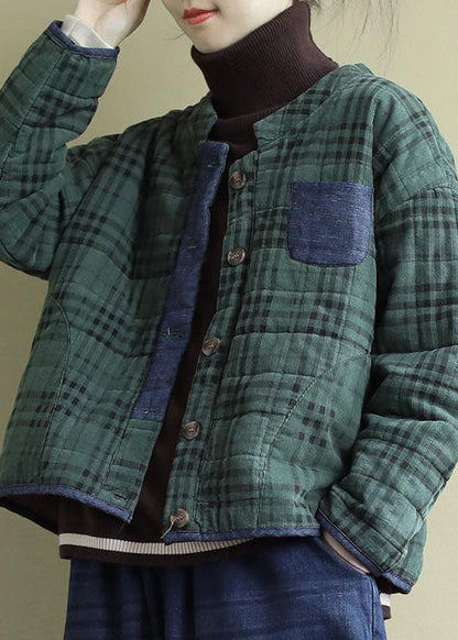 Green Plaid Button Patchwork Winter Jackets Long Sleeve