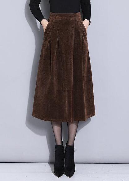 Brown Elastic Waist Pockets Corduroy a Line Skirts Spring