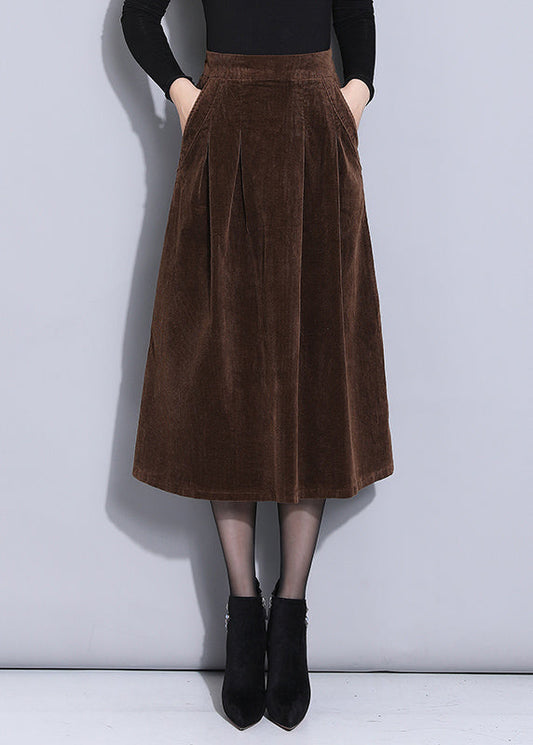 Brown Elastic Waist Pockets Corduroy a Line Skirts Spring