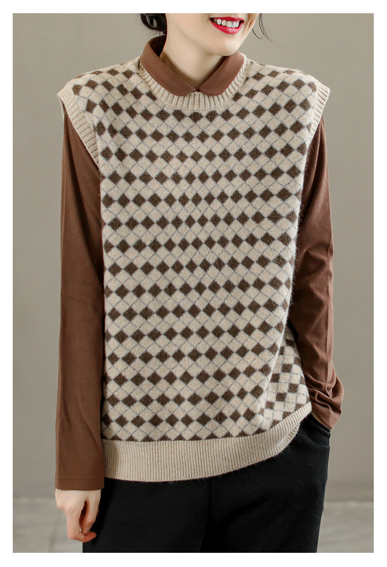 Plaid Round Neck Warm Knitted Sweater Vest