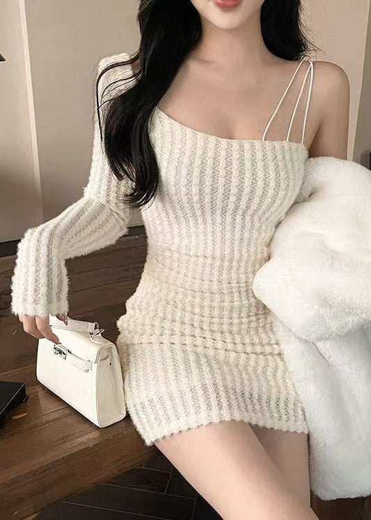 Slim Fit White Asymmetrical Knit Mid Dress Spring