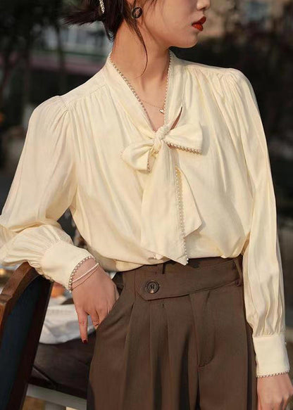 Classy Apricot Lace Up Pearl Cotton Blouses Fall
