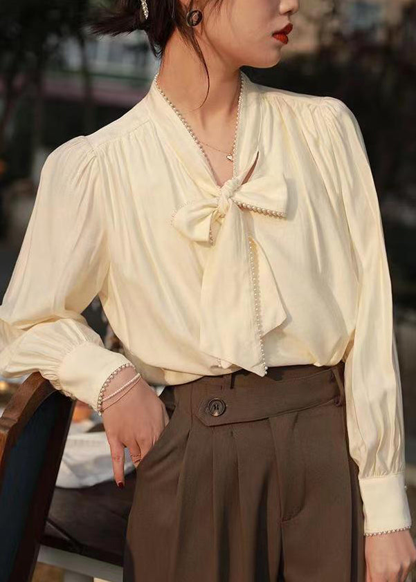 Classy Apricot Lace Up Pearl Cotton Blouses Fall