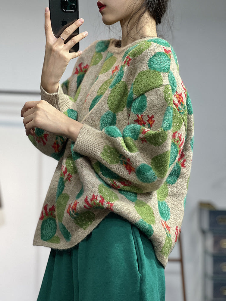 Jacquard Knitted Age Reduction Crew Neck Sweater