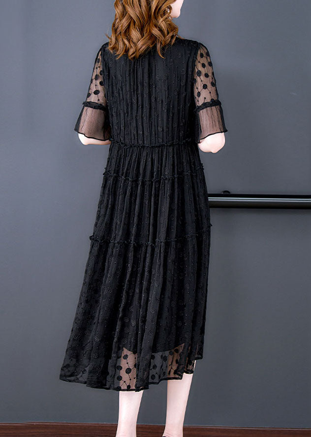 Black Embroidered Hollow Out Lace Long Dress Summer