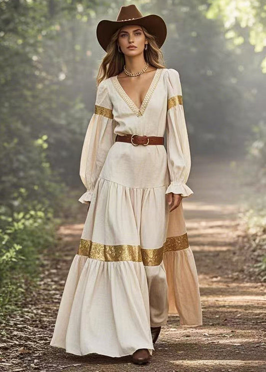 White V Neck Patchwork Exra Large Hem Vacation Dress Spring