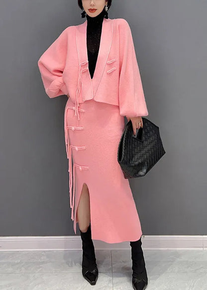 Pink V Neck Button Woolen Top and Maxi Skirts Two Pieces Set Winter