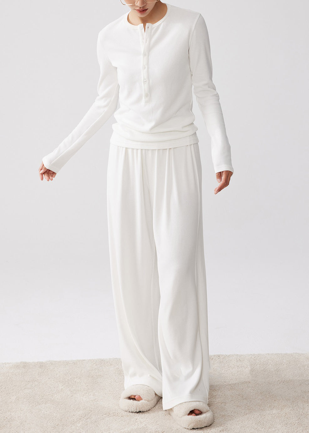 Simple White O Neck Button T Shirt and Wide Leg Pants Cotton Two-piece Set Fall