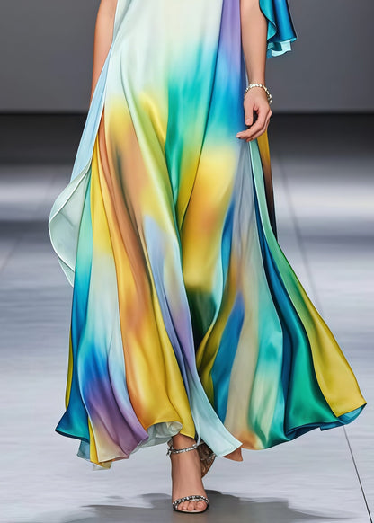 Fine Tie Dye Asymmetrical Draping Silk Holiday Dress Summer