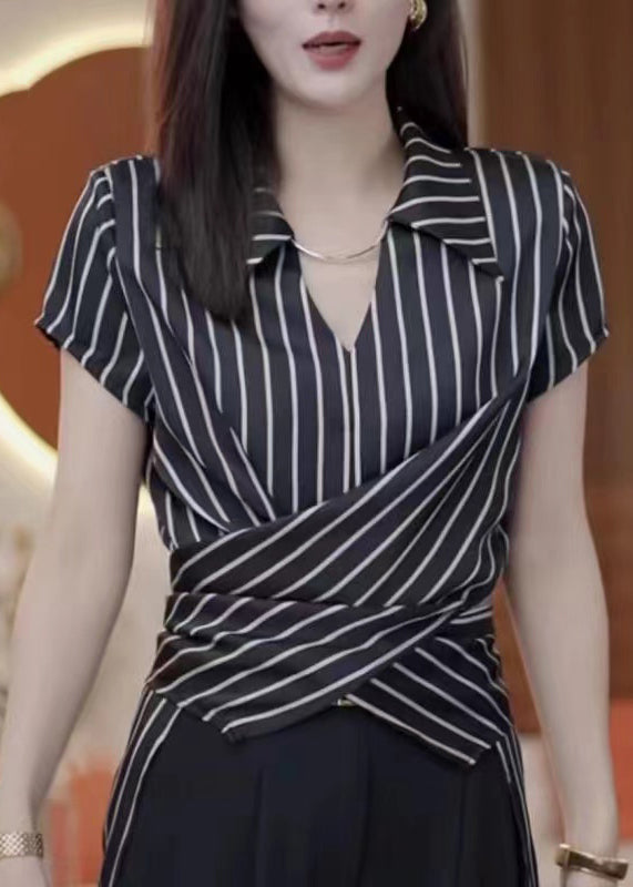 New Black Stripe Peter Pan Collar Chiffon Top Summer