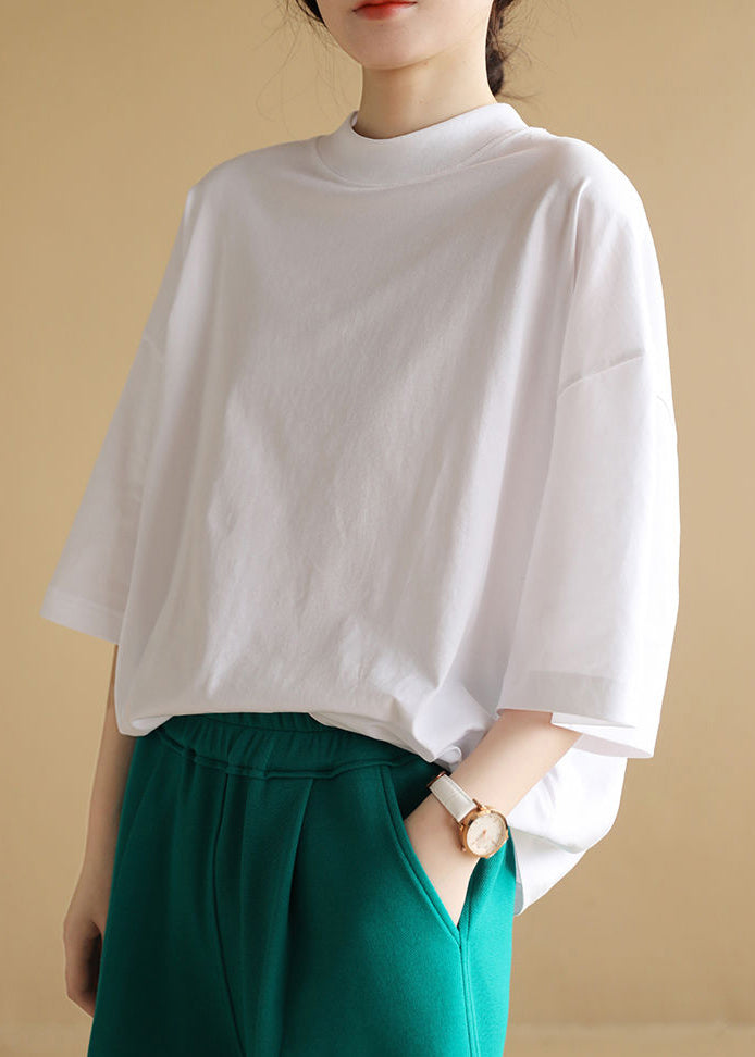 Loose White O Neck Cotton T Shirts Half Sleeve