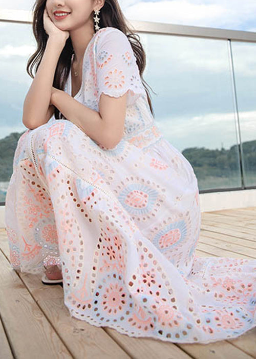 V Neck Hollow Out Linen Long Dress Summer