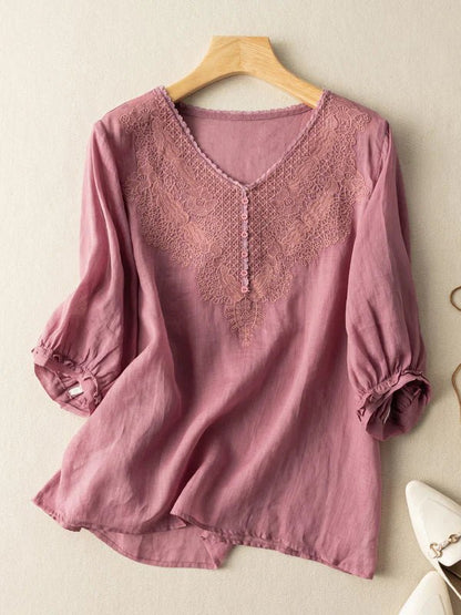 Embroidered V Neck Half Sleeve Linen Top
