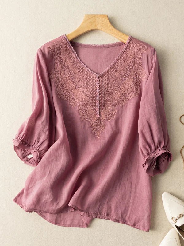 Embroidered V Neck Half Sleeve Linen Top