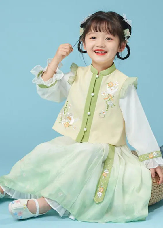 Yellow Green Stand Collar Embroideried Kids Top and Maxi Skirts Two Piece Set Fall