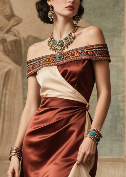Chocolate Cold Shoulder Patchwork Silk Dinner Dress Summer