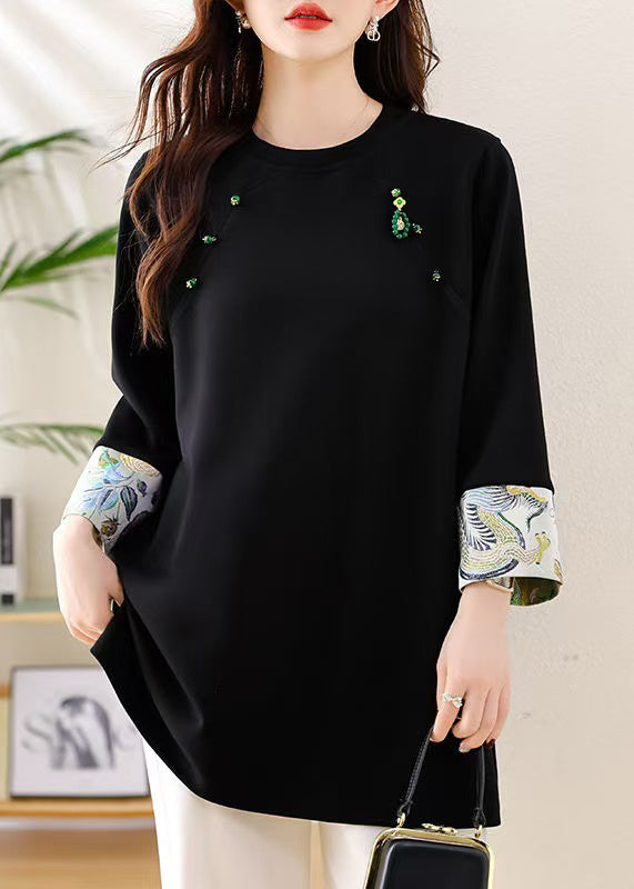 Loose Black O Neck Side Open Patchwork Cotton T Shirts Fall