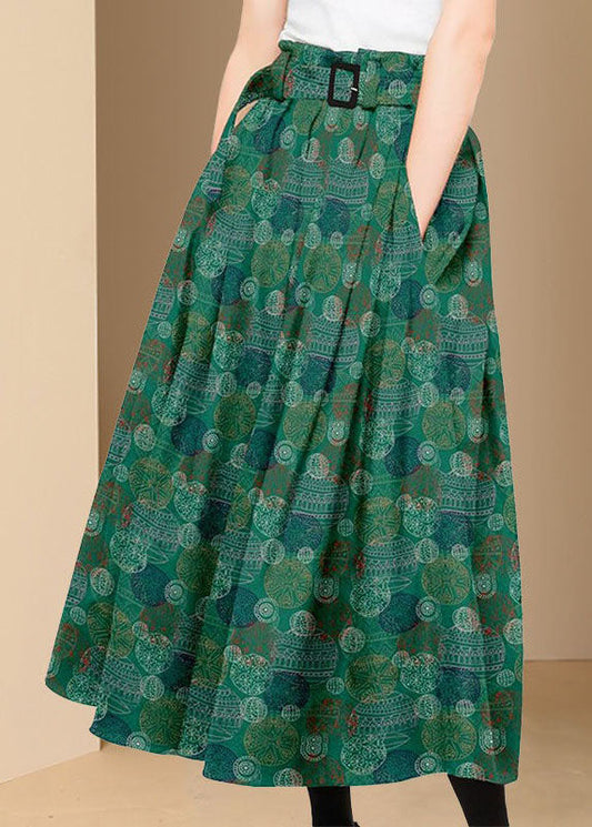 Green Wrinkled Pockets Print Patchwork Silk Skirts Summer