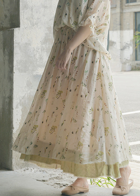 Brief White Elastic Waist Drawstring Print Linen Skirts Spring