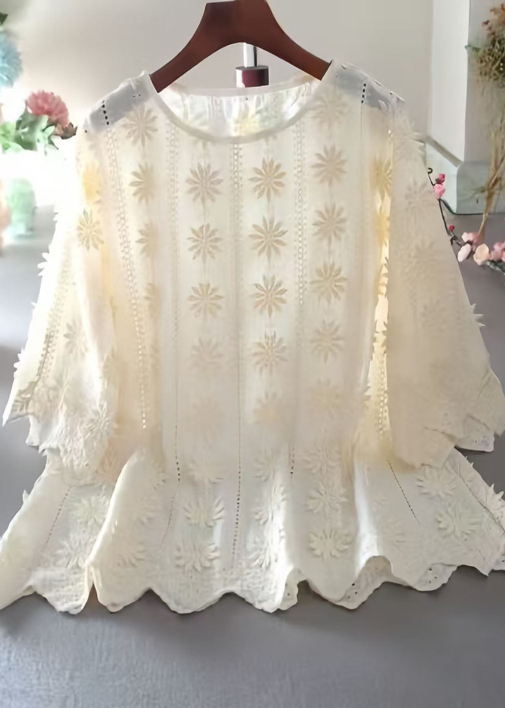 Apricot Embroidered Hollow Out Cotton Top Half Sleeve
