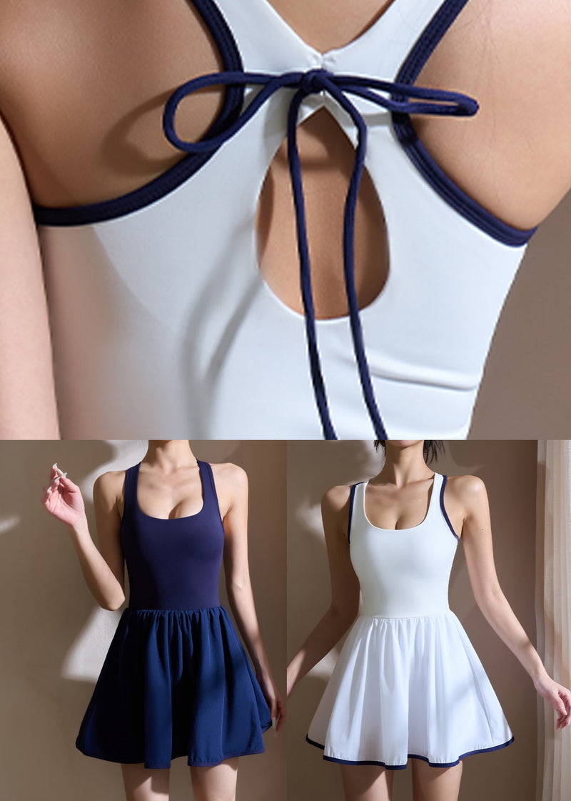 White U Neck Hollow Out Tennis Dress Workout Summer