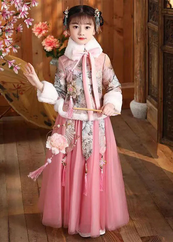Blue Fur Collar Print Button Coats and Tulle Maxi Skirts Two Pieces Set Long Sleeve