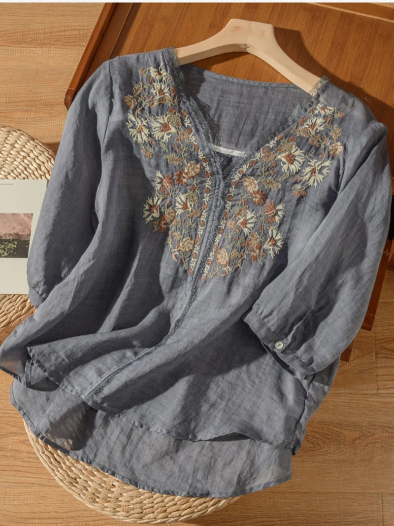 Embroidered V Neck 3/4 Sleeve Linen Top
