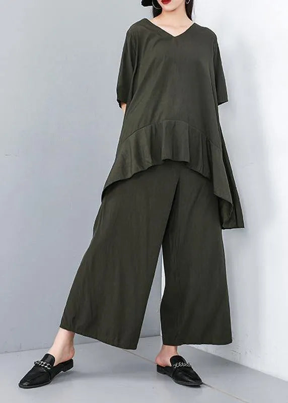 Style Cotton Korea Summer Pure Color Irregular Blouse and Wide Leg Pants