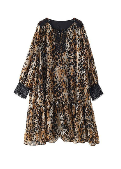 Simple Lapel Patchwork Chiffon Dress Work Outfits Leopard a Line Dress