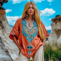 Vintage Tribal Sheep Head Embroidery Art V-neck Linen T-shirt elevenforest
