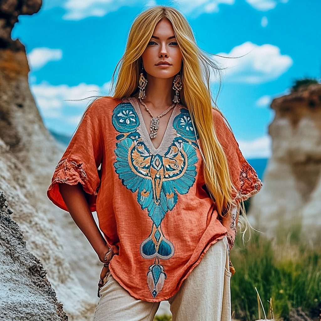 Vintage Tribal Sheep Head Embroidery Art V-neck Linen T-shirt elevenforest