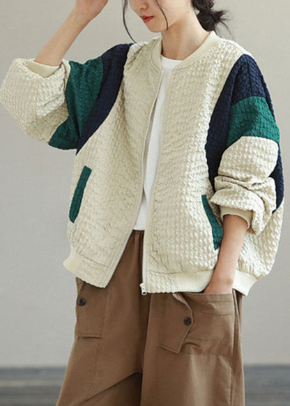 Street Beige Patchwork Zippered Fall Coat