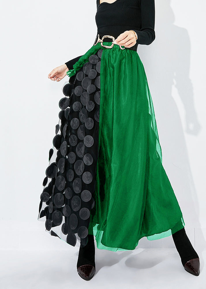 Green-black Dot Ruffled Patchwork Dot Tulle a Line Skirts Summer