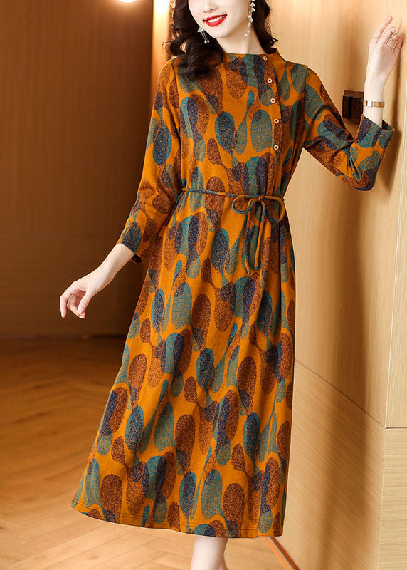 Orange Print Tie Waist Long Dresses Long Sleeve
