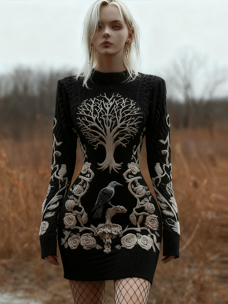 Comstylish Halloween Women's Night Raven Viking Retro Knit Sweater Dress