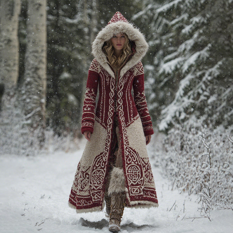 Women's Vintage Viking Celtic Knot Pattern Knit Hooded Long Sweater Coat artswardrobe