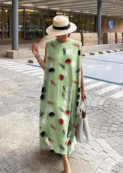 O Neck Side Open Linen Cotton Clothes Fabrics Khaki Dress