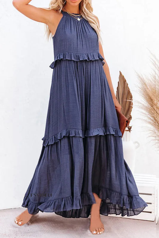 Blue Vittoria Shirred Ruffle Tiered Maxi Halter Dress