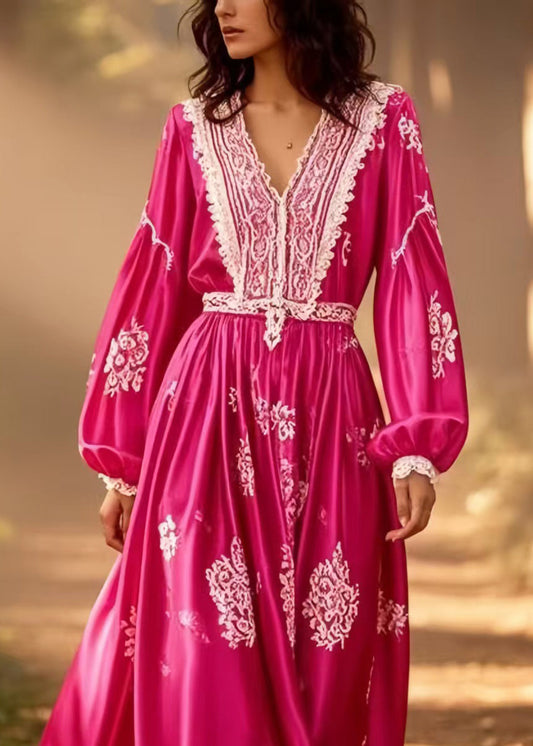 Classy Rose Print Patchwork Exra Large Hem Silk Maxi Dress Spring