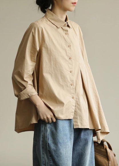 Organic Khaki Tunic Lapel Asymmetric Short Shirt