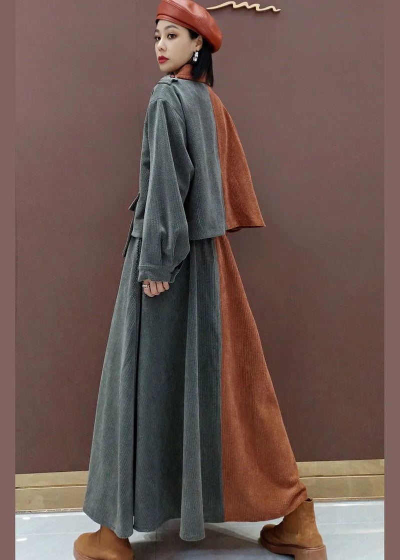 Fine V Neck Patchwork Corduroy Long Sleeved Tops Circle Skirts Two Piece Set Outfits