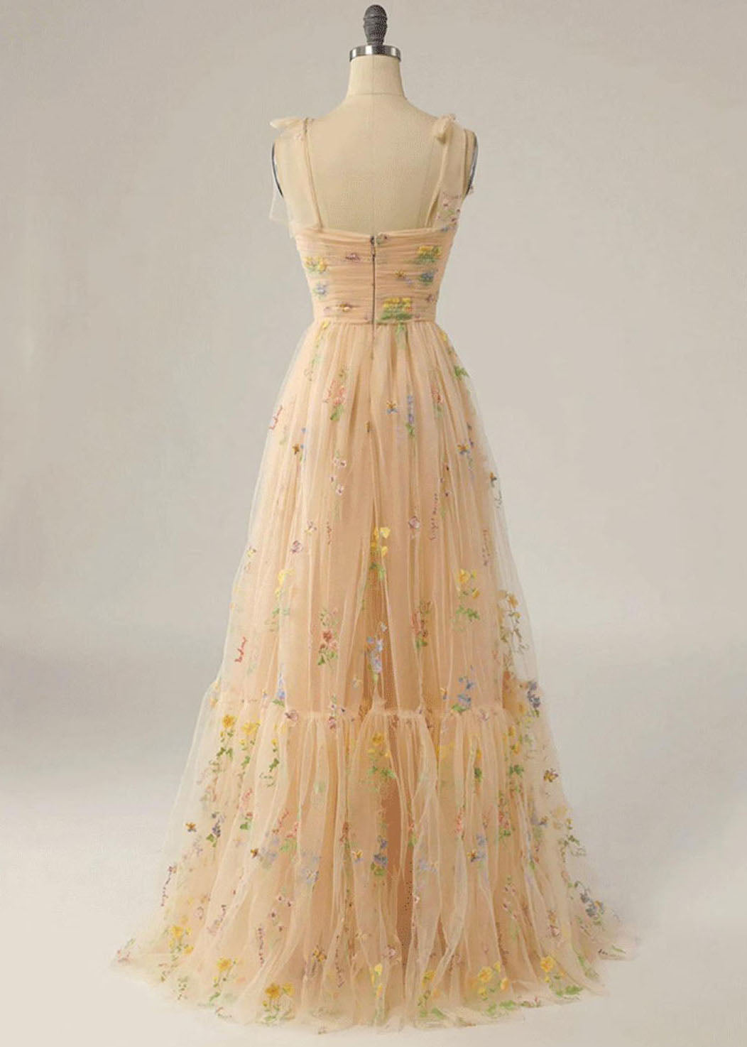 Champagne Color Wrinkled Lace Up Patchwork Tulle Dress Summer